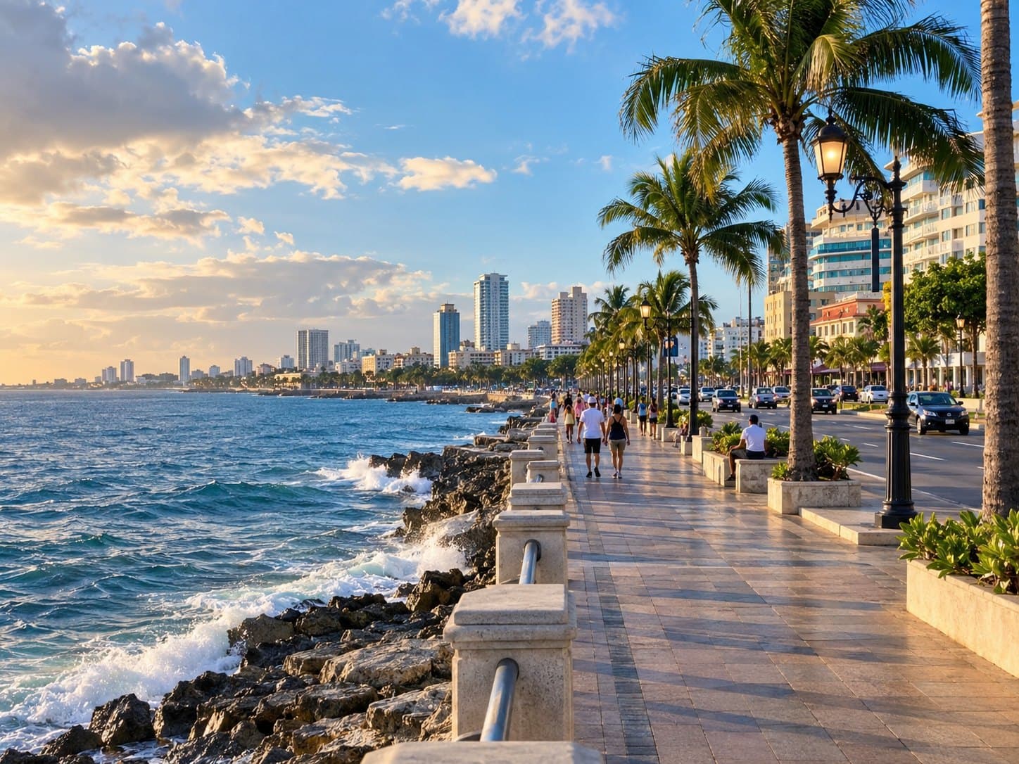 El paseo del Malecón de Santo Domingo con palmeras junto al mar Caribe