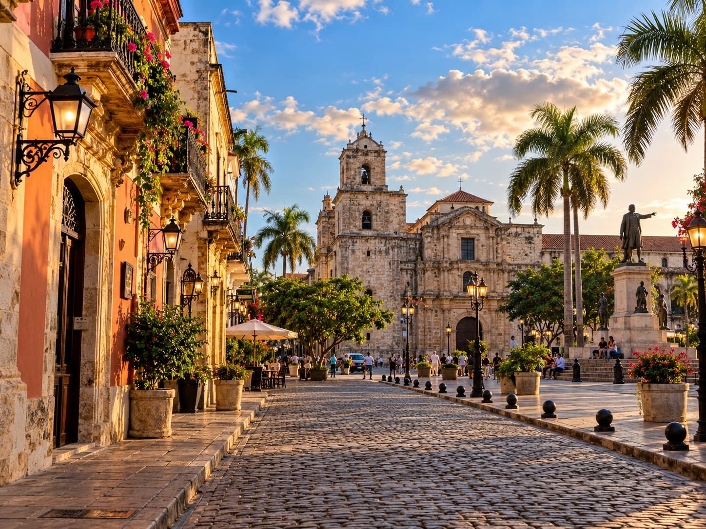 Calle empedrada e iglesia colonial en la Zona Colonial de Santo Domingo al atardecer